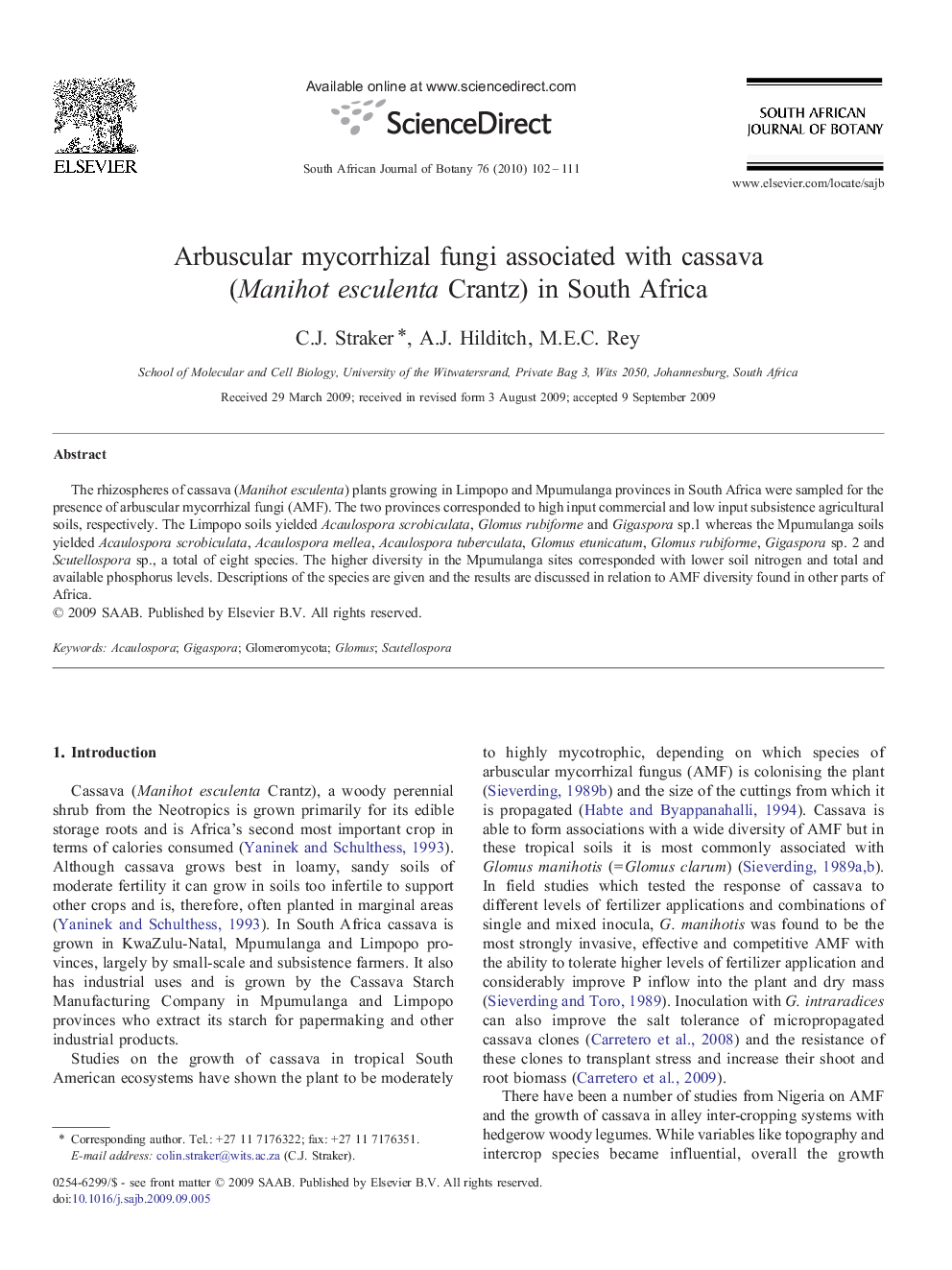 Arbuscular mycorrhizal fungi associated with cassava (Manihot esculenta Crantz) in South Africa