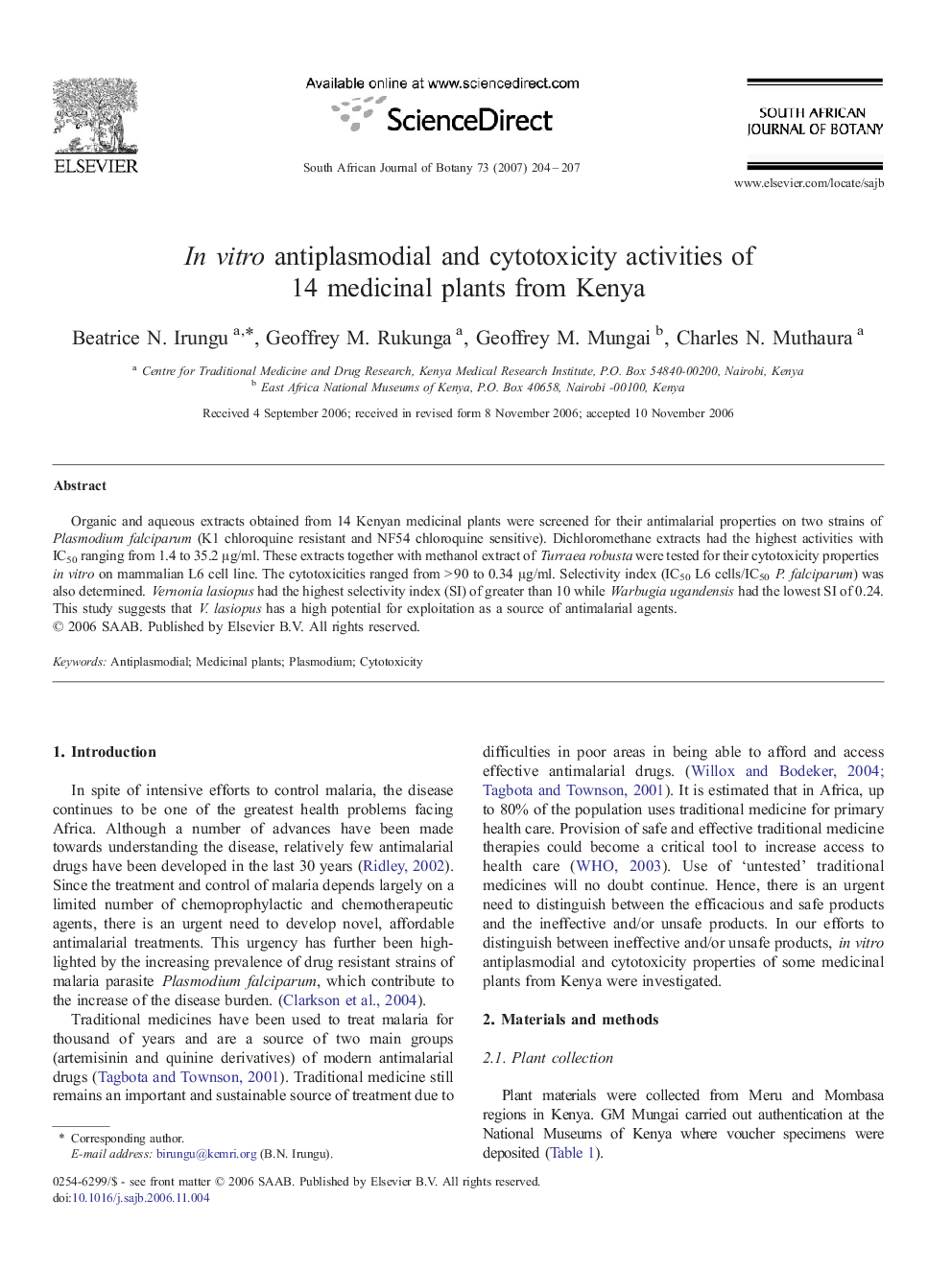 In vitro antiplasmodial and cytotoxicity activities of 14 medicinal plants from Kenya