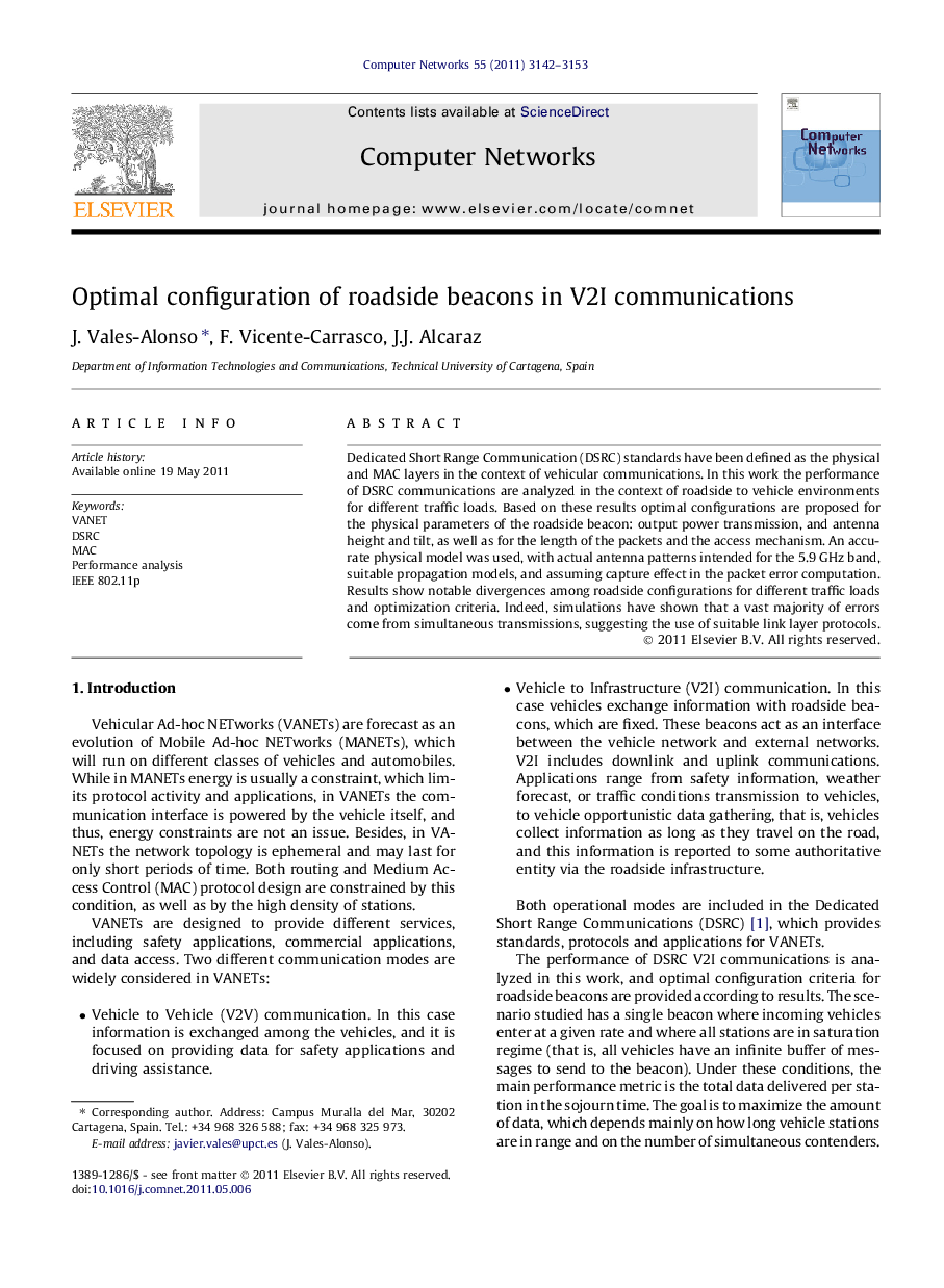 Optimal configuration of roadside beacons in V2I communications