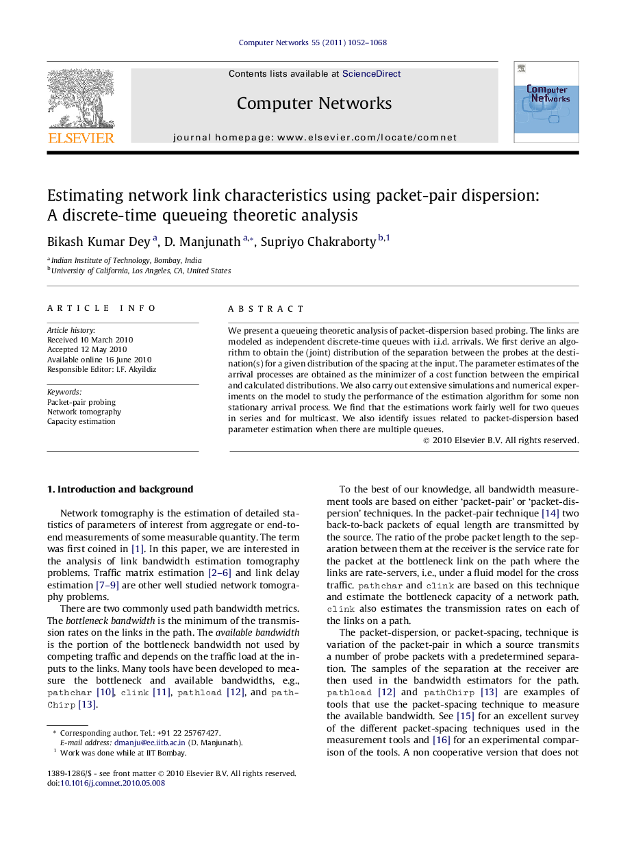 Estimating network link characteristics using packet-pair dispersion: A discrete-time queueing theoretic analysis