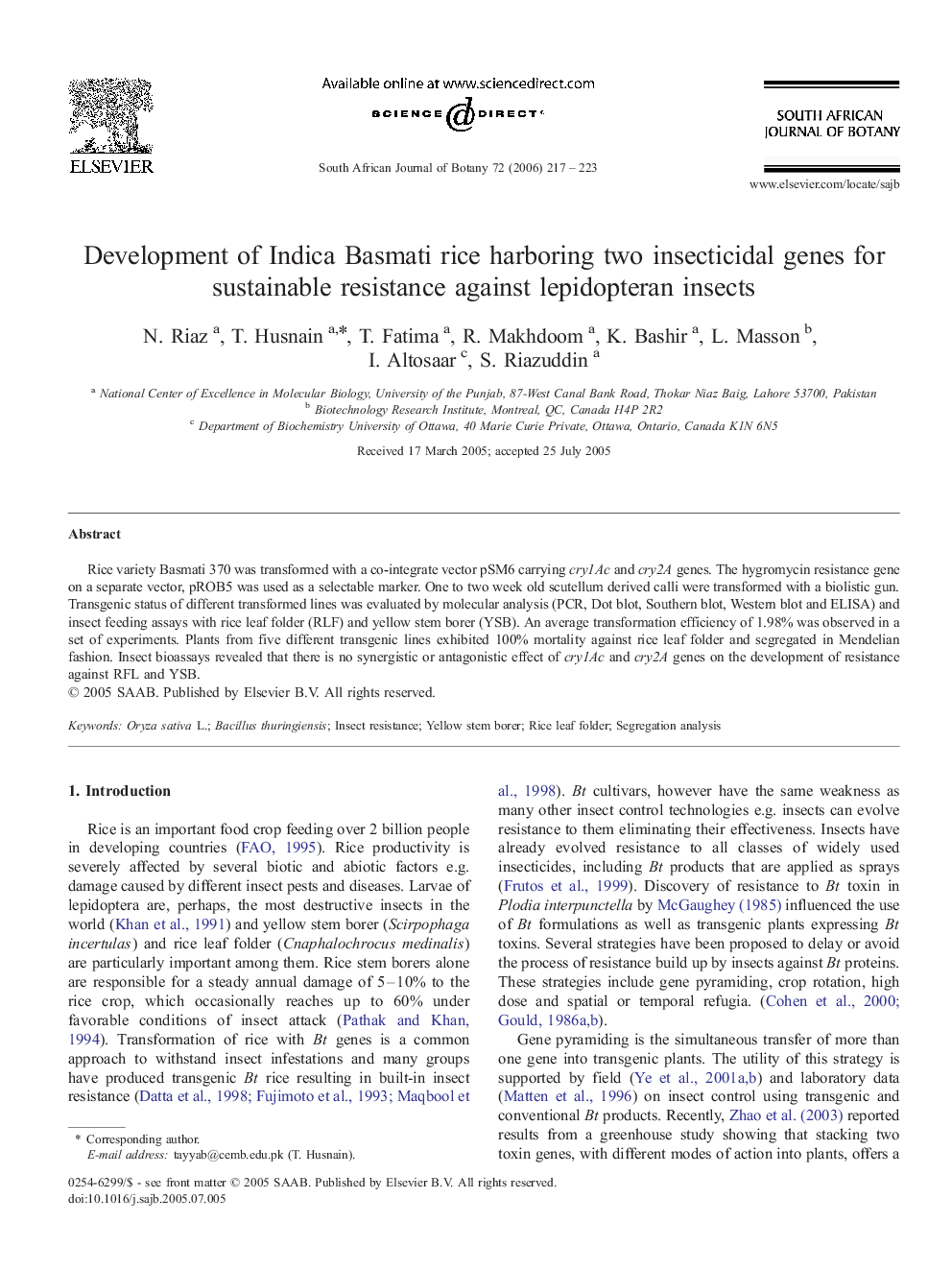 Development of Indica Basmati rice harboring two insecticidal genes for sustainable resistance against lepidopteran insects