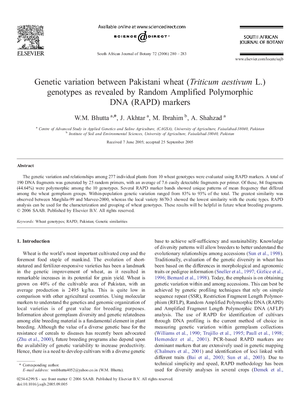 Genetic variation between Pakistani wheat (Triticum aestivum L.) genotypes as revealed by Random Amplified Polymorphic DNA (RAPD) markers