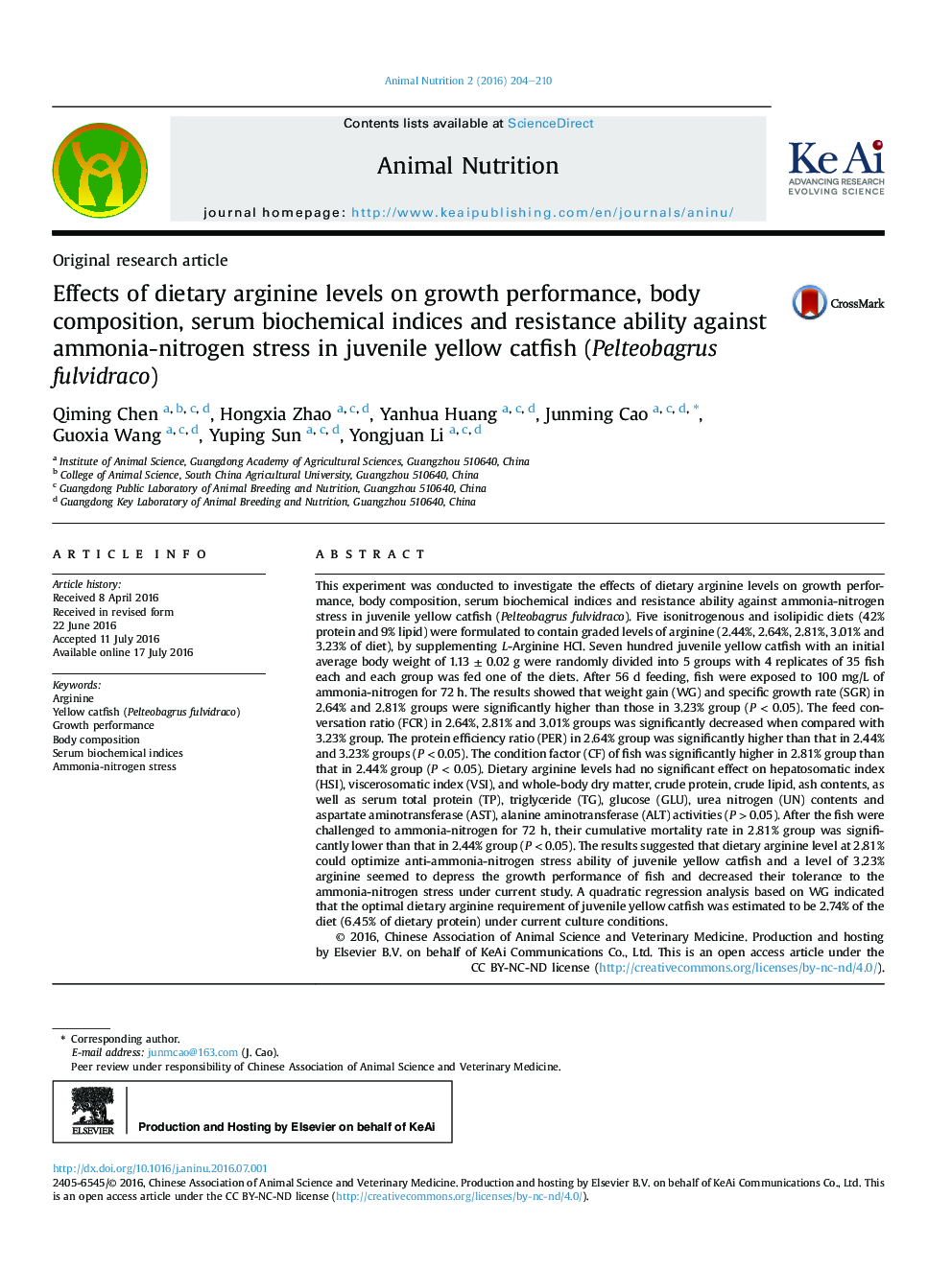 Effects of dietary arginine levels on growth performance, body composition, serum biochemical indices and resistance ability against ammonia-nitrogen stress in juvenile yellow catfish (Pelteobagrus fulvidraco) 