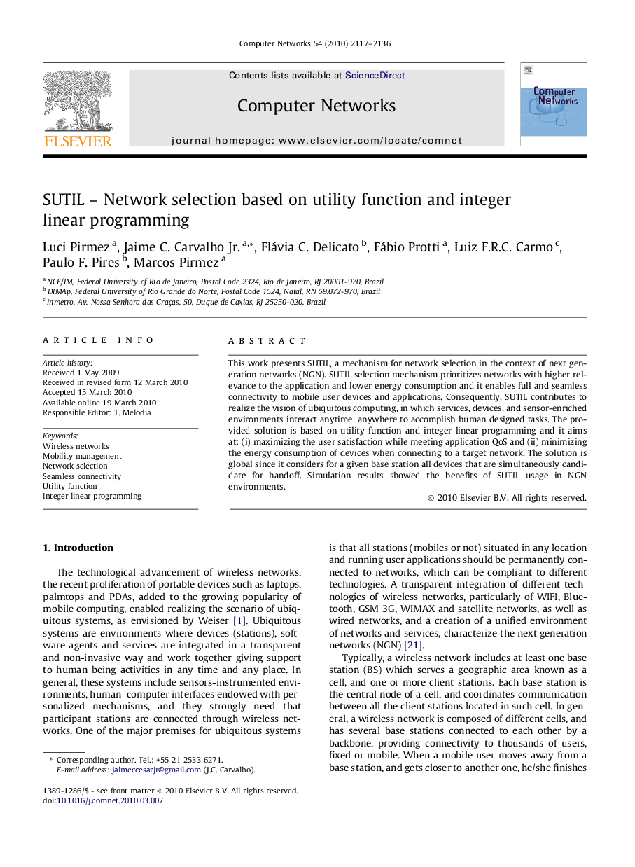 SUTIL – Network selection based on utility function and integer linear programming