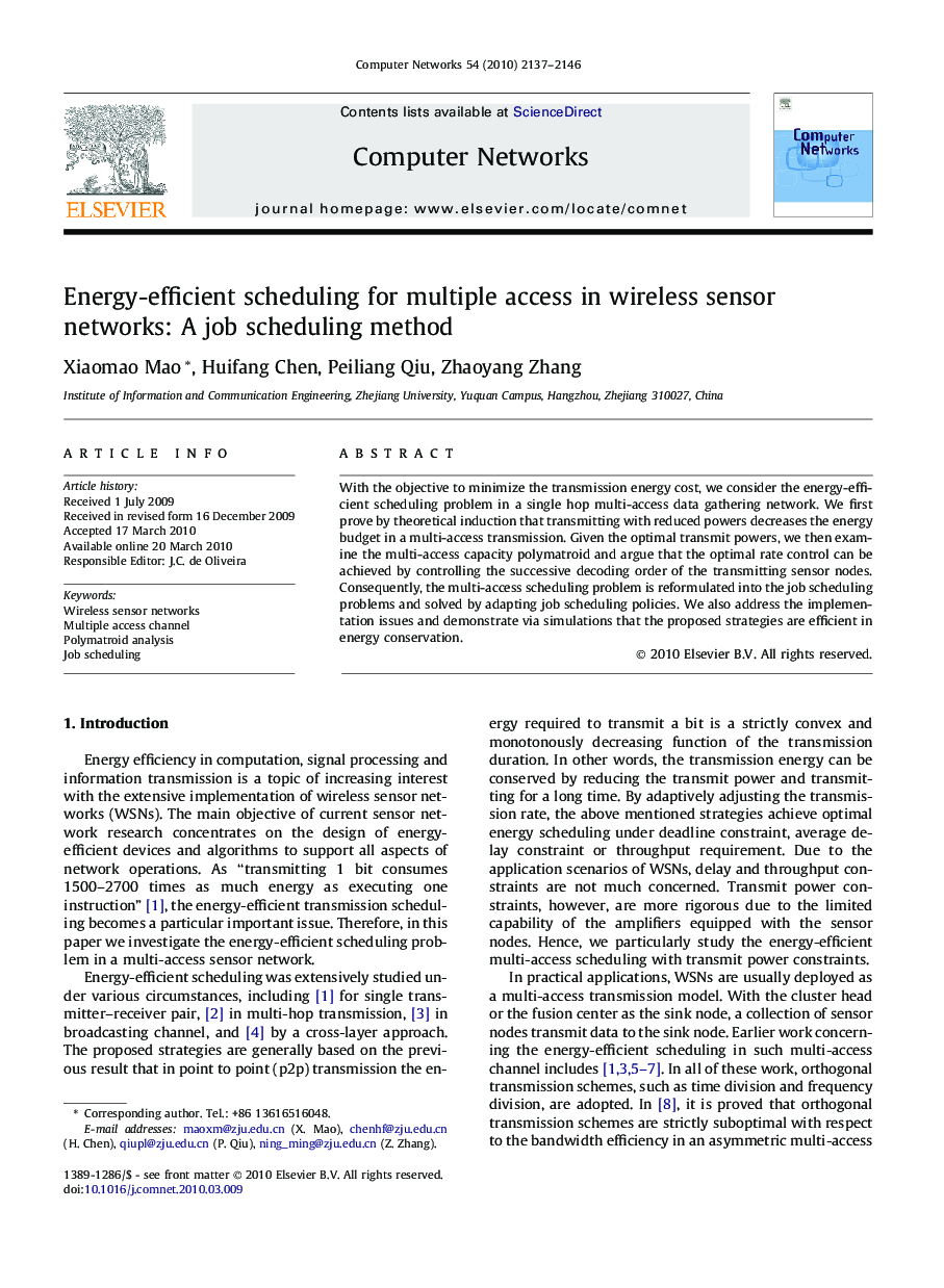 Energy-efficient scheduling for multiple access in wireless sensor networks: A job scheduling method