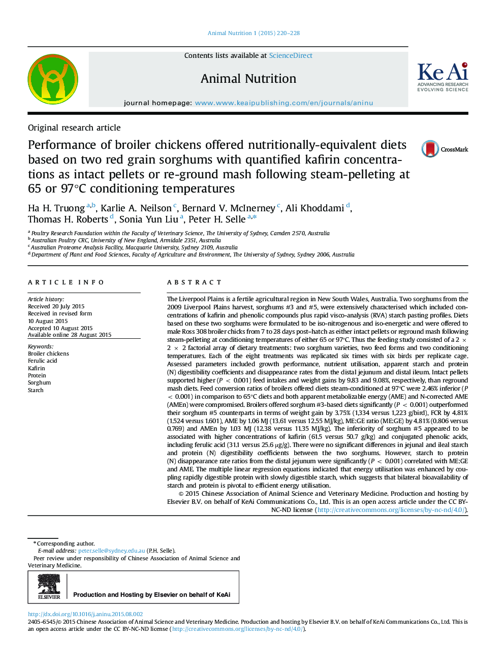 Performance of broiler chickens offered nutritionally-equivalent diets based on two red grain sorghums with quantified kafirin concentrations as intact pellets or re-ground mash following steam-pelleting at 65 or 97°C conditioning temperatures 