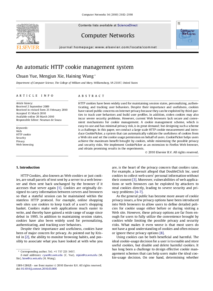 An automatic HTTP cookie management system