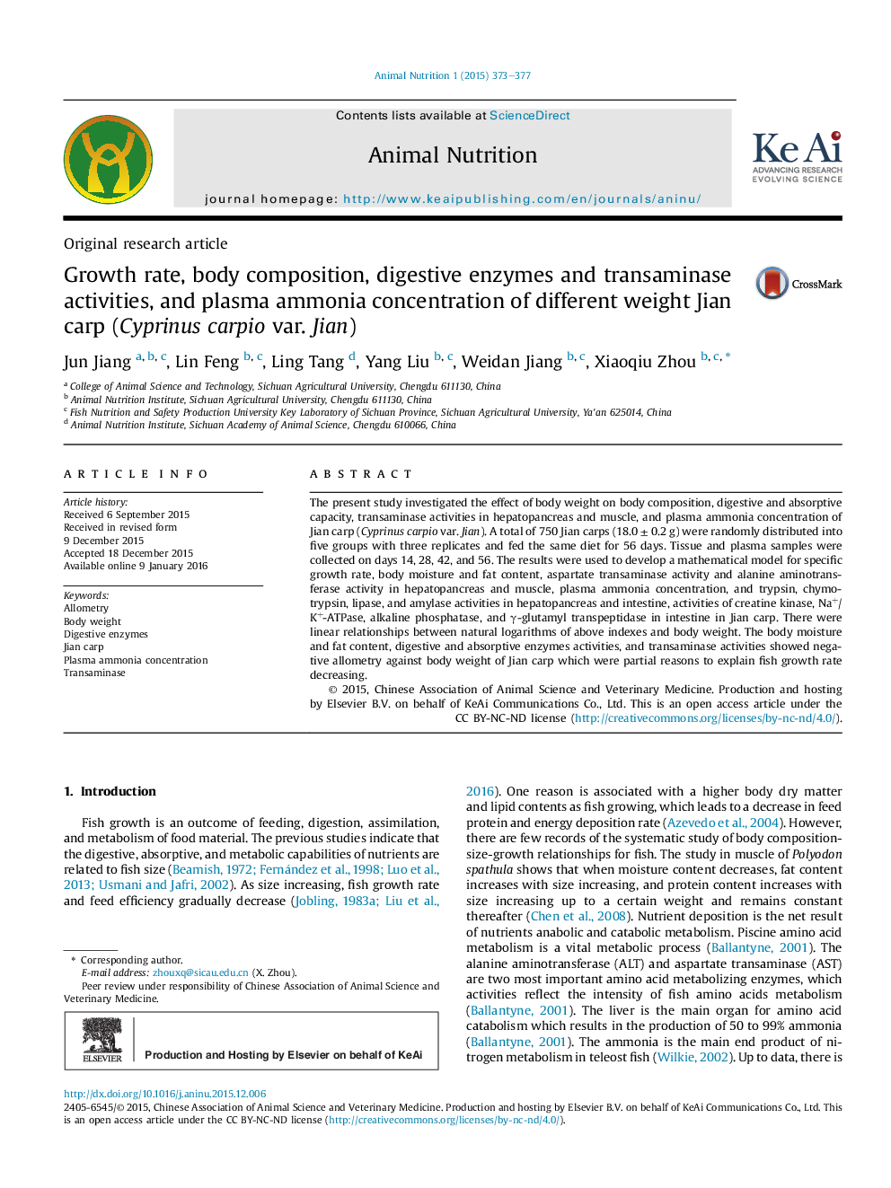 Growth rate, body composition, digestive enzymes and transaminase activities, and plasma ammonia concentration of different weight Jian carp (Cyprinus carpio var. Jian) 