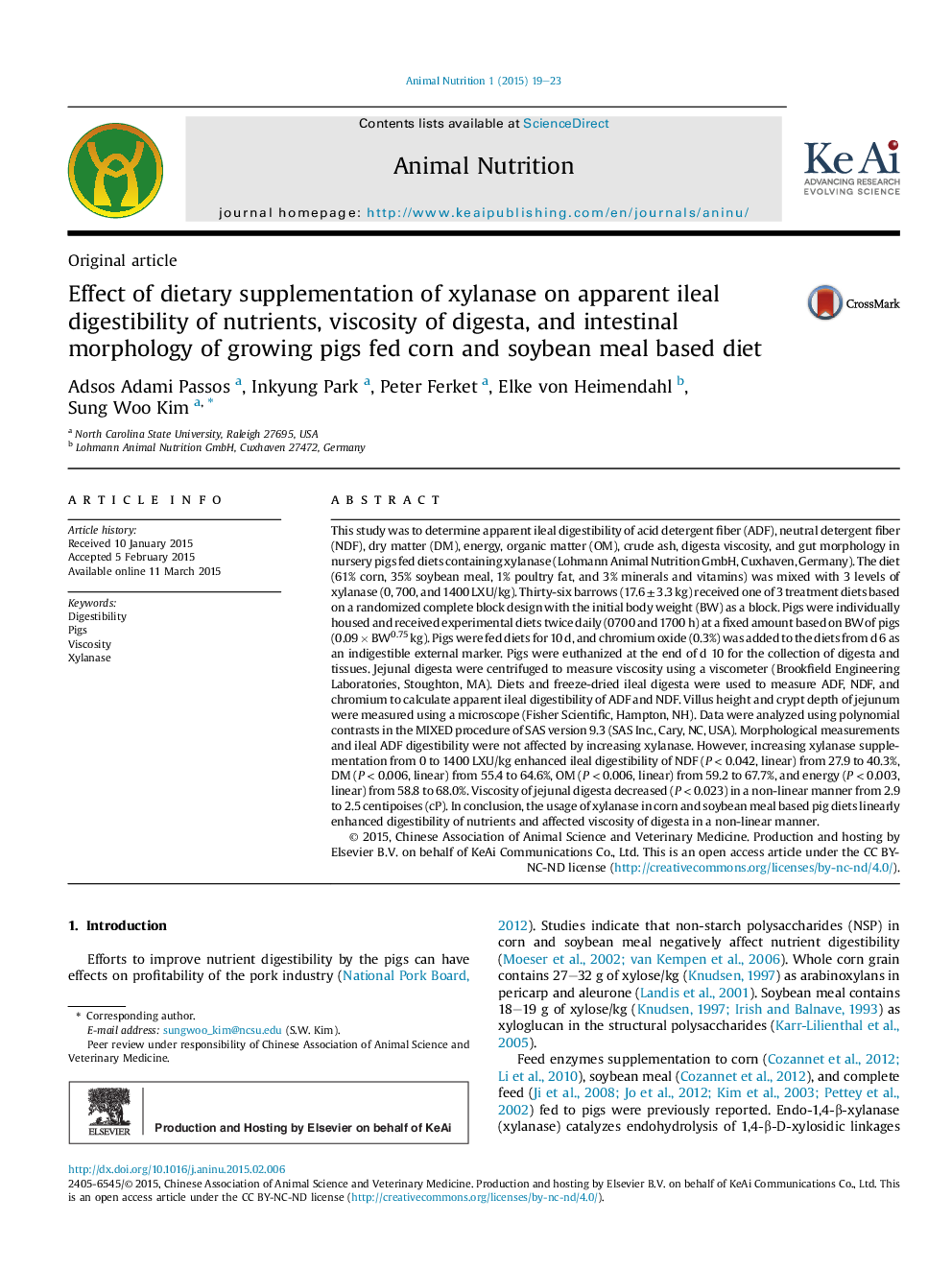 Effect of dietary supplementation of xylanase on apparent ileal digestibility of nutrients, viscosity of digesta, and intestinal morphology of growing pigs fed corn and soybean meal based diet 