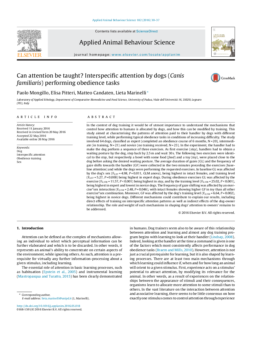 Can attention be taught? Interspecific attention by dogs (Canis familiaris) performing obedience tasks