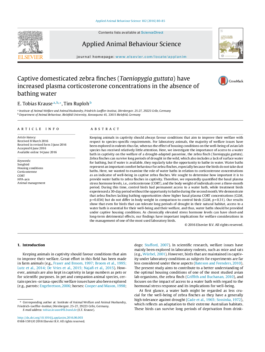 Captive domesticated zebra finches (Taeniopygia guttata) have increased plasma corticosterone concentrations in the absence of bathing water