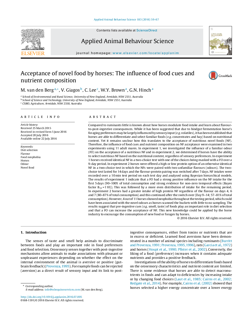 Acceptance of novel food by horses: The influence of food cues and nutrient composition