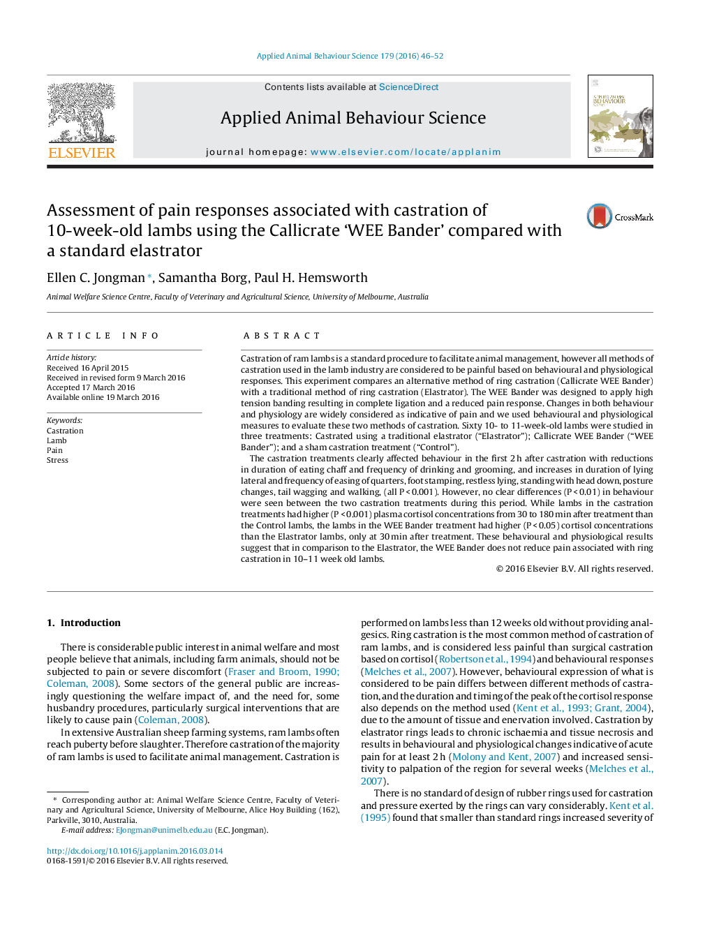 Assessment of pain responses associated with castration of 10-week-old lambs using the Callicrate ‘WEE Bander’ compared with a standard elastrator