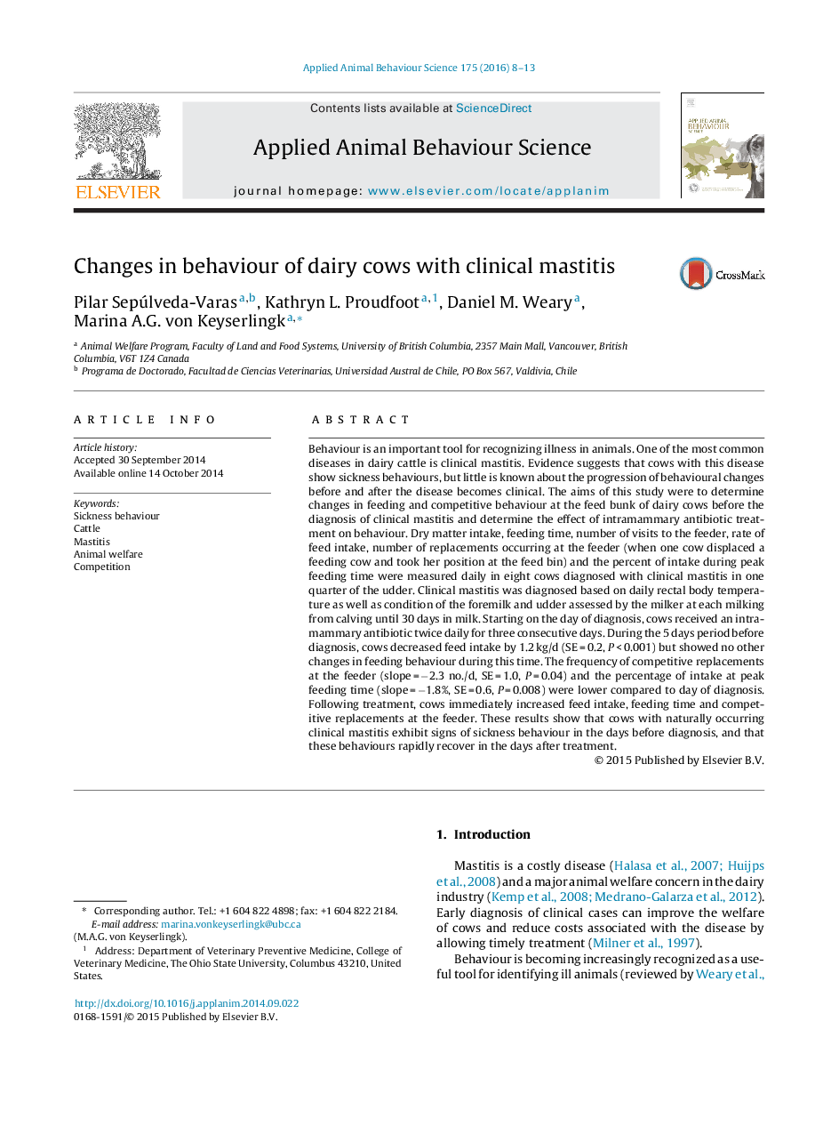 Changes in behaviour of dairy cows with clinical mastitis