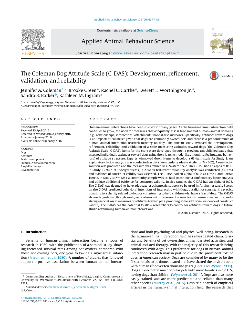 The Coleman Dog Attitude Scale (C-DAS): Development, refinement, validation, and reliability