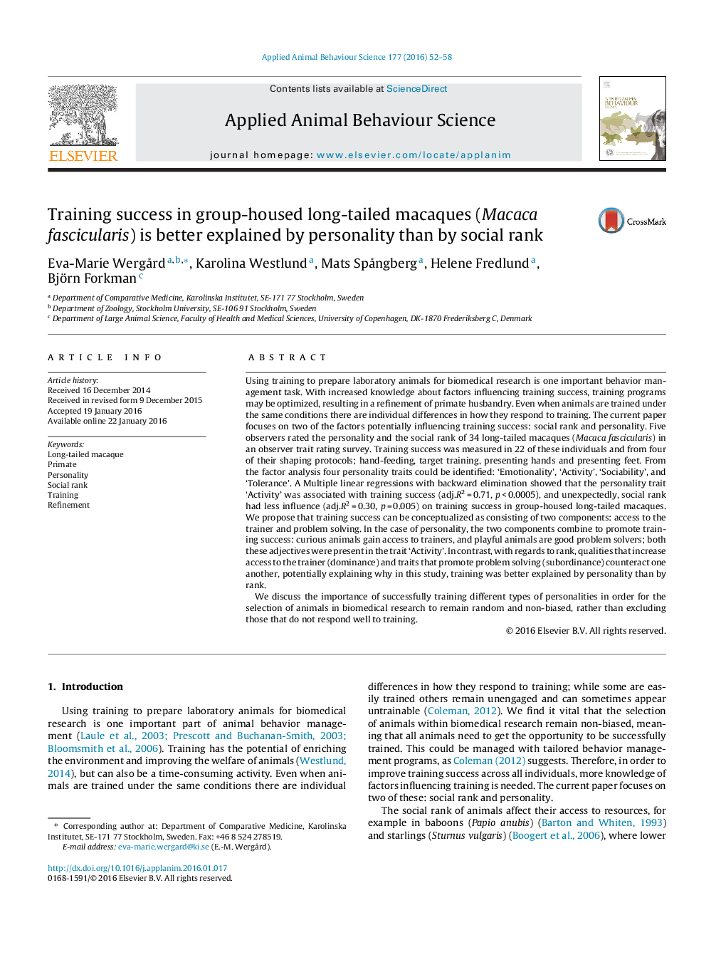 Training success in group-housed long-tailed macaques (Macaca fascicularis) is better explained by personality than by social rank