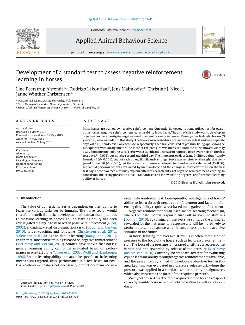 Development of a standard test to assess negative reinforcement learning in horses