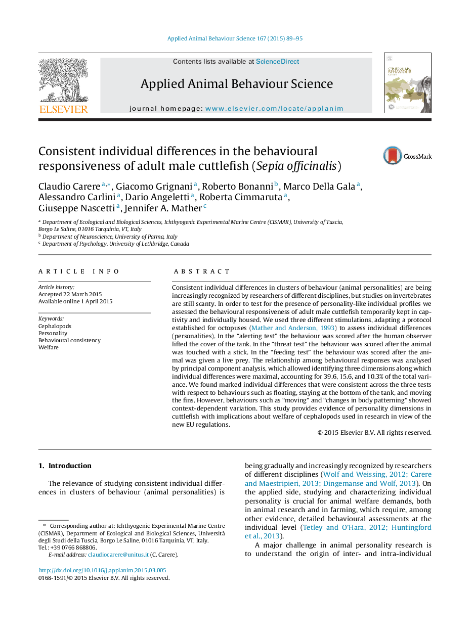 Consistent individual differences in the behavioural responsiveness of adult male cuttlefish (Sepia officinalis)