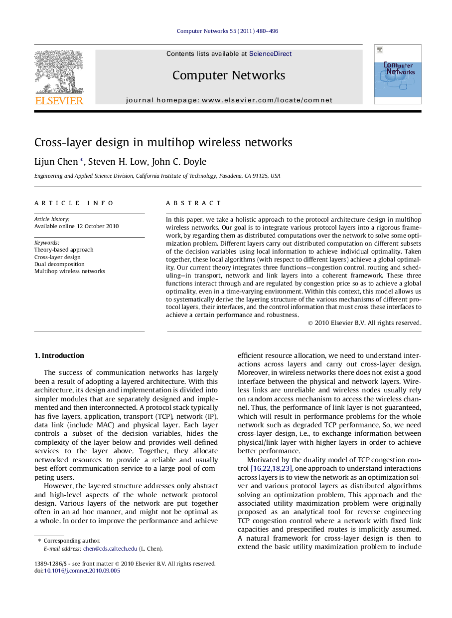 Cross-layer design in multihop wireless networks