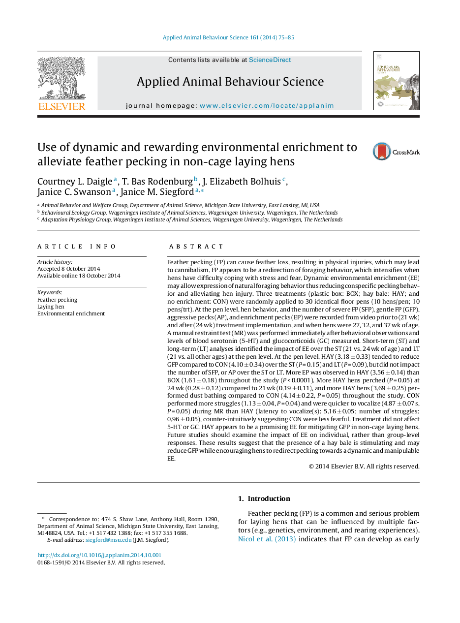 Use of dynamic and rewarding environmental enrichment to alleviate feather pecking in non-cage laying hens