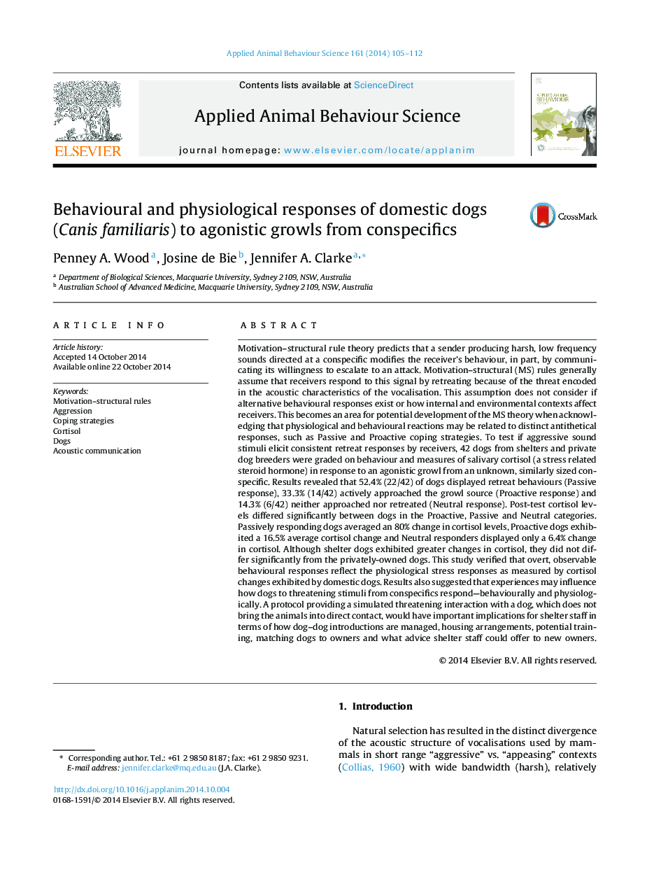 Behavioural and physiological responses of domestic dogs (Canis familiaris) to agonistic growls from conspecifics