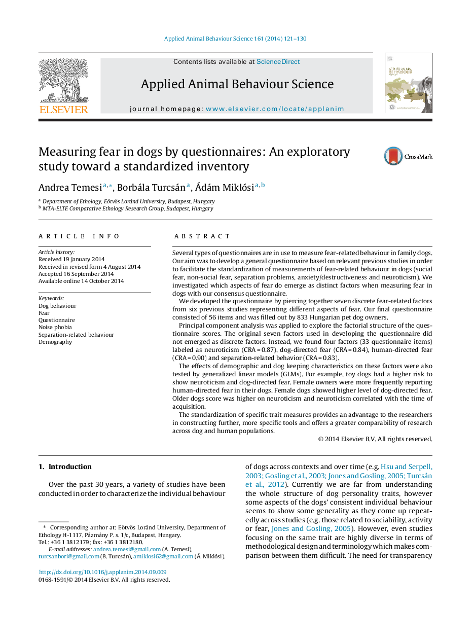 Measuring fear in dogs by questionnaires: An exploratory study toward a standardized inventory