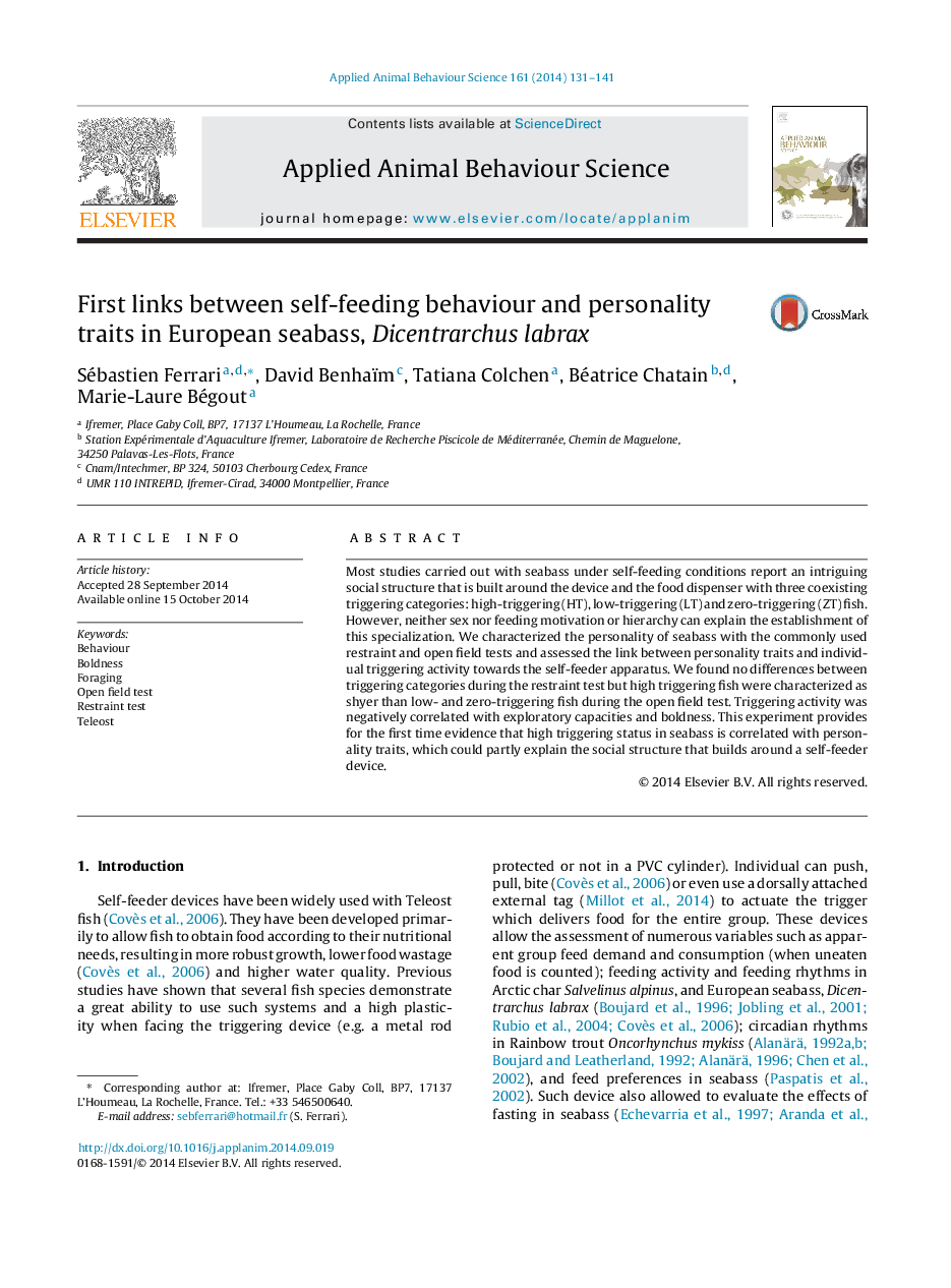 First links between self-feeding behaviour and personality traits in European seabass, Dicentrarchus labrax