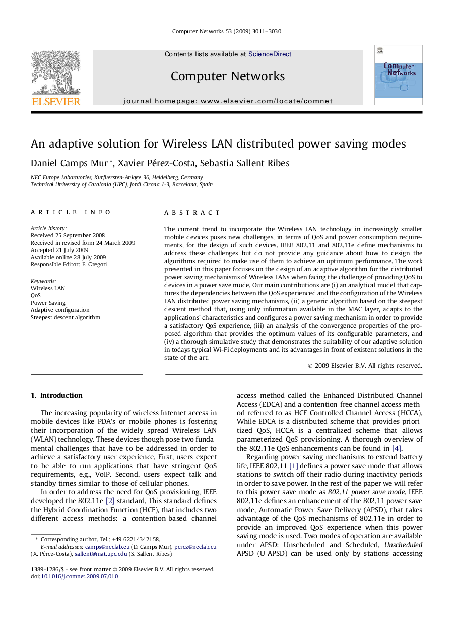 An adaptive solution for Wireless LAN distributed power saving modes