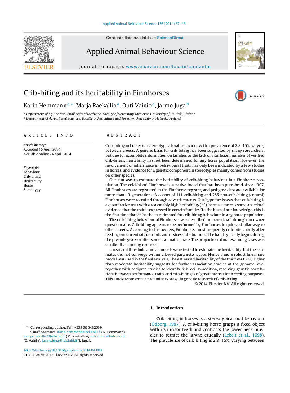 Crib-biting and its heritability in Finnhorses