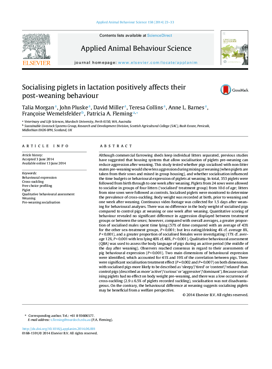 Socialising piglets in lactation positively affects their post-weaning behaviour