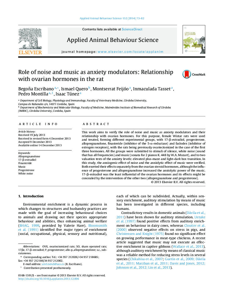 Role of noise and music as anxiety modulators: Relationship with ovarian hormones in the rat