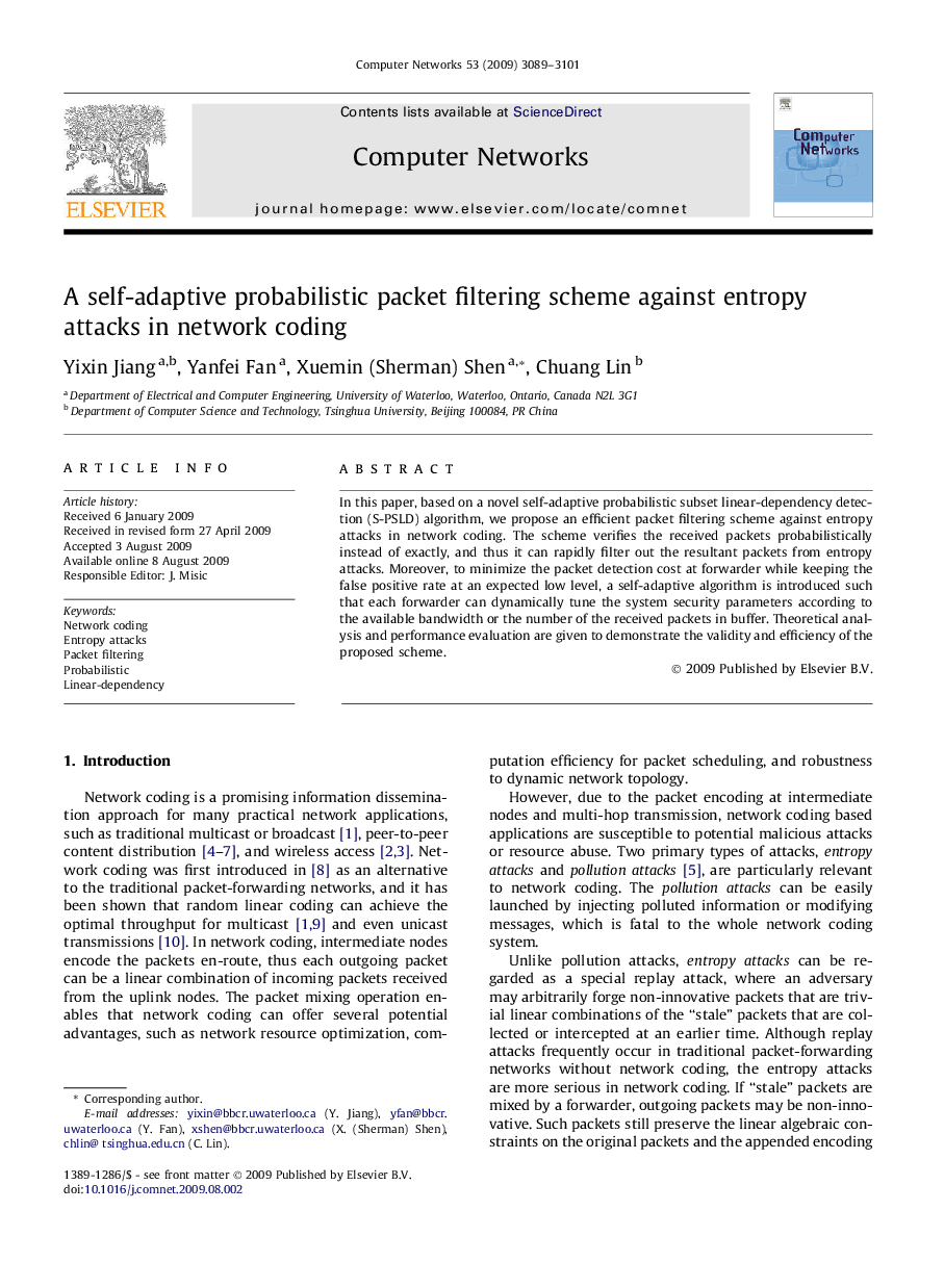 A self-adaptive probabilistic packet filtering scheme against entropy attacks in network coding