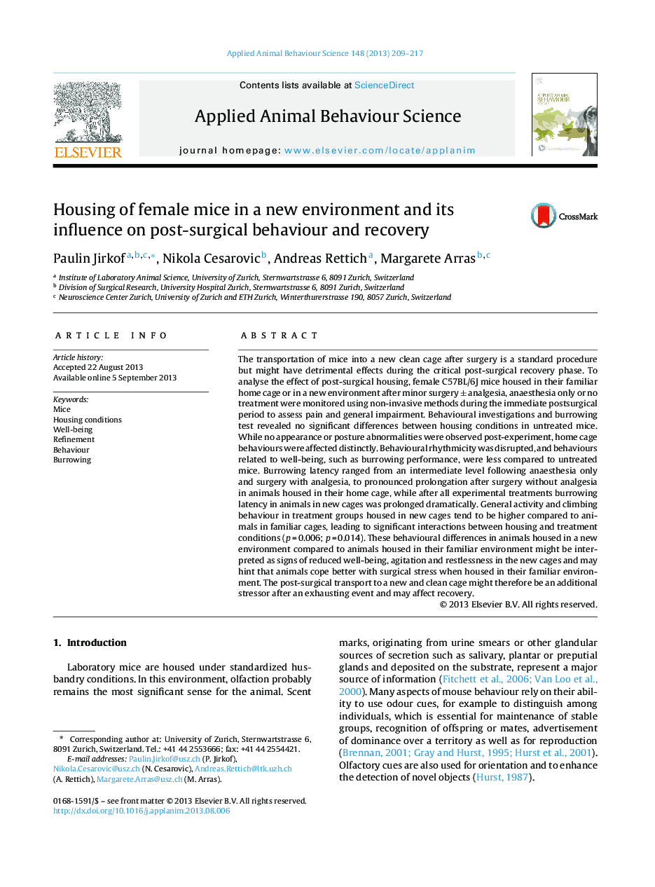 Housing of female mice in a new environment and its influence on post-surgical behaviour and recovery