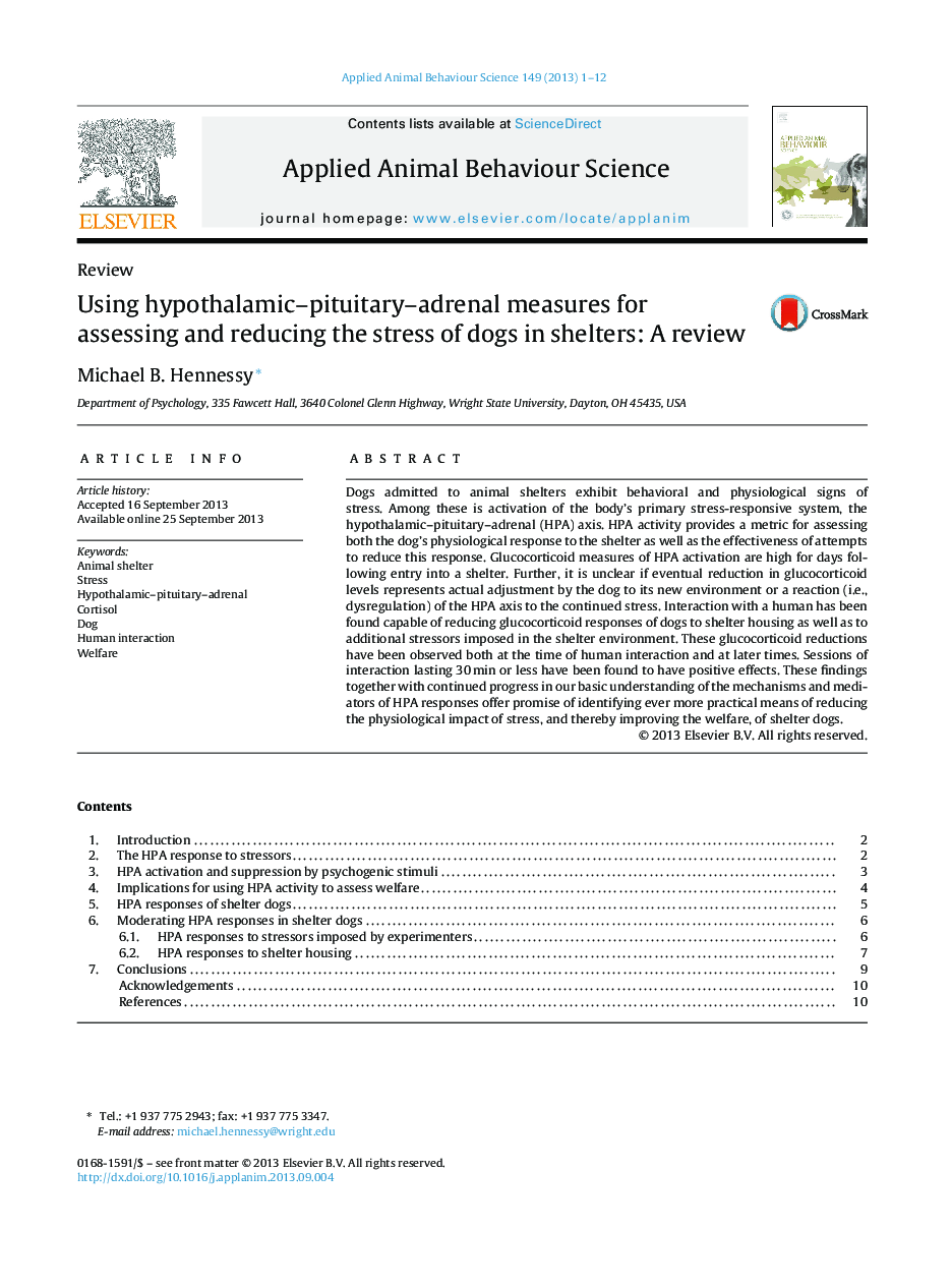 Using hypothalamic–pituitary–adrenal measures for assessing and reducing the stress of dogs in shelters: A review