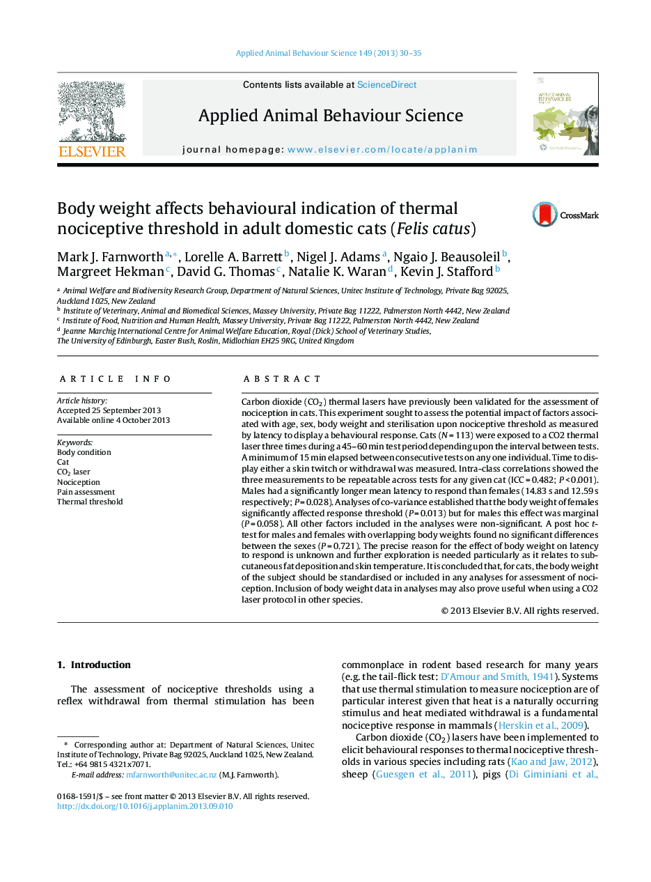 Body weight affects behavioural indication of thermal nociceptive threshold in adult domestic cats (Felis catus)