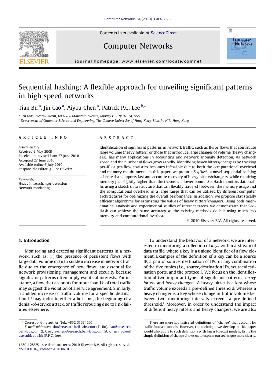 Sequential hashing: A flexible approach for unveiling significant patterns in high speed networks