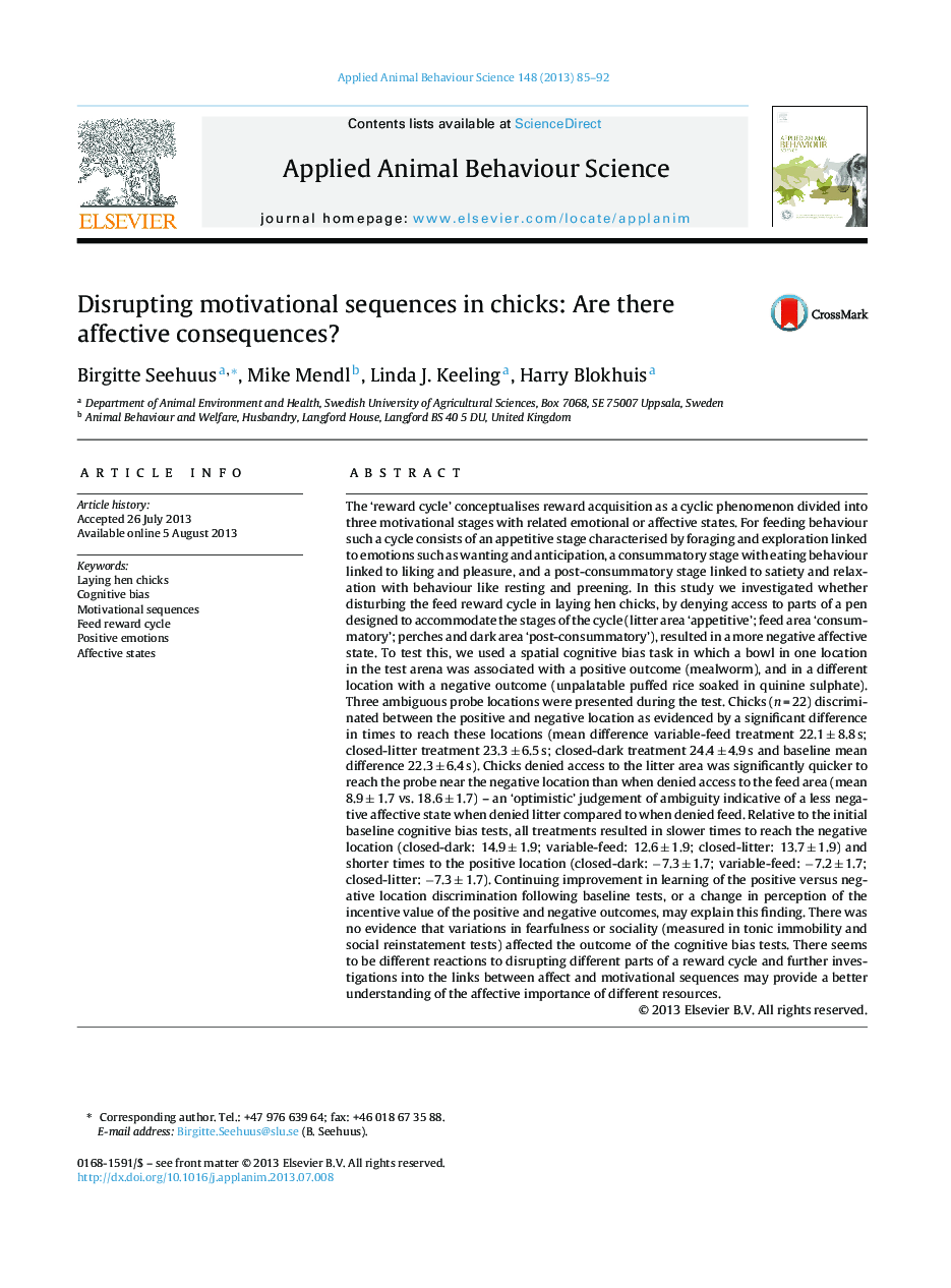 Disrupting motivational sequences in chicks: Are there affective consequences?