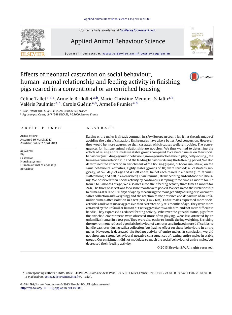 Effects of neonatal castration on social behaviour, human–animal relationship and feeding activity in finishing pigs reared in a conventional or an enriched housing