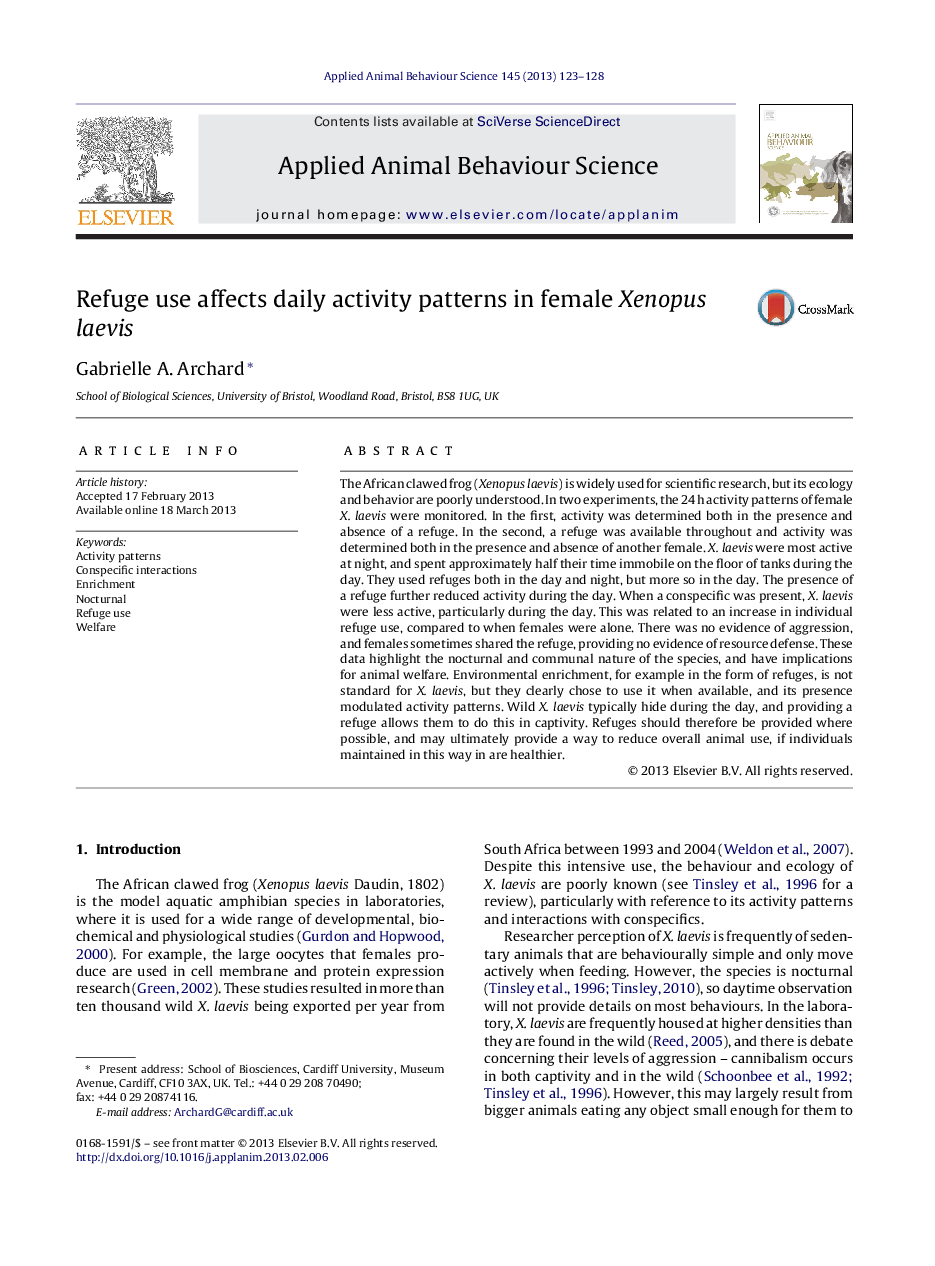 عکس صفحه اول مقاله: Refuge use affects daily activity patterns in female Xenopus laevis Refuge use affects daily activity patterns in female Xenopus laevis