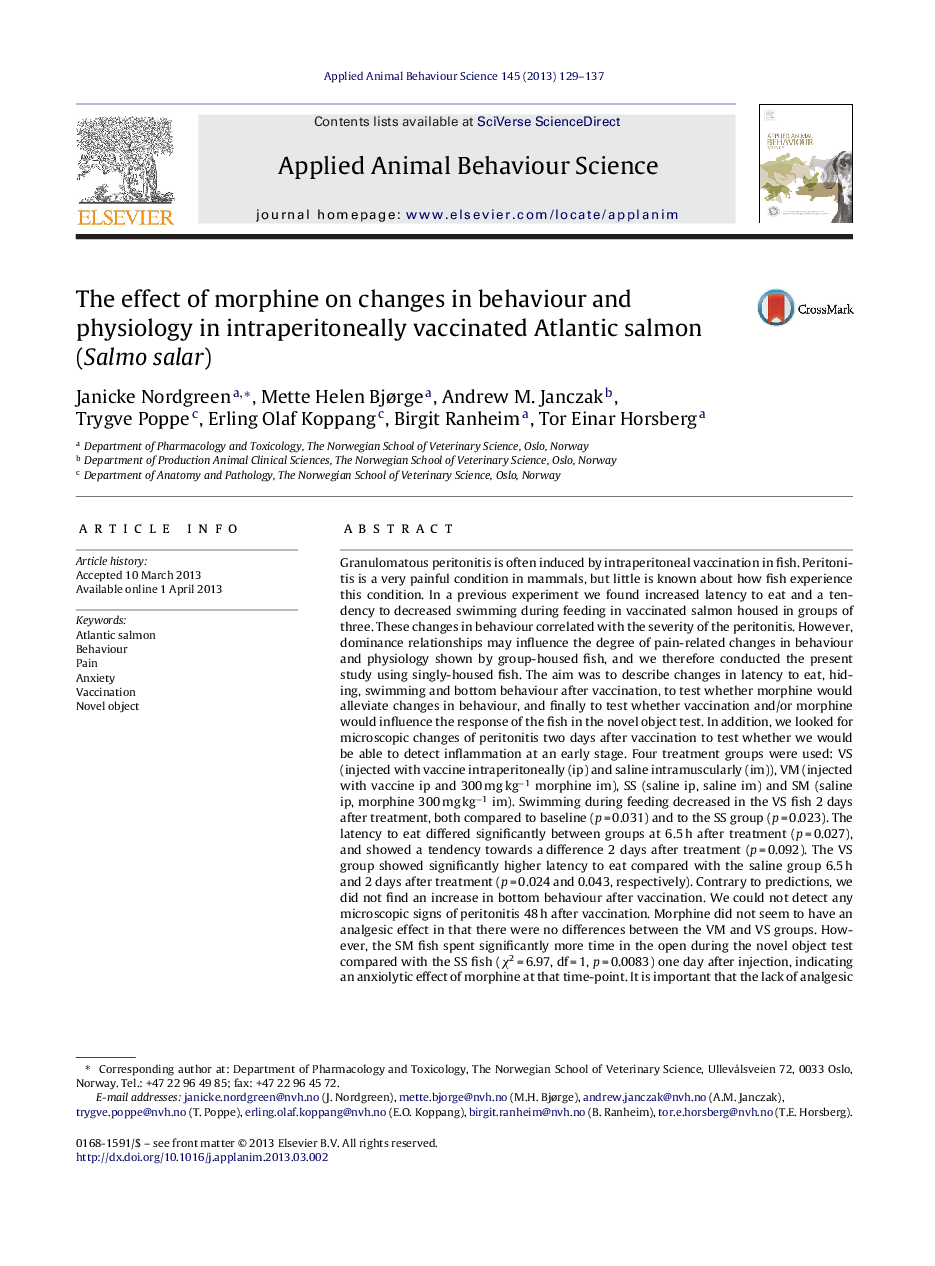 The effect of morphine on changes in behaviour and physiology in intraperitoneally vaccinated Atlantic salmon (Salmo salar)