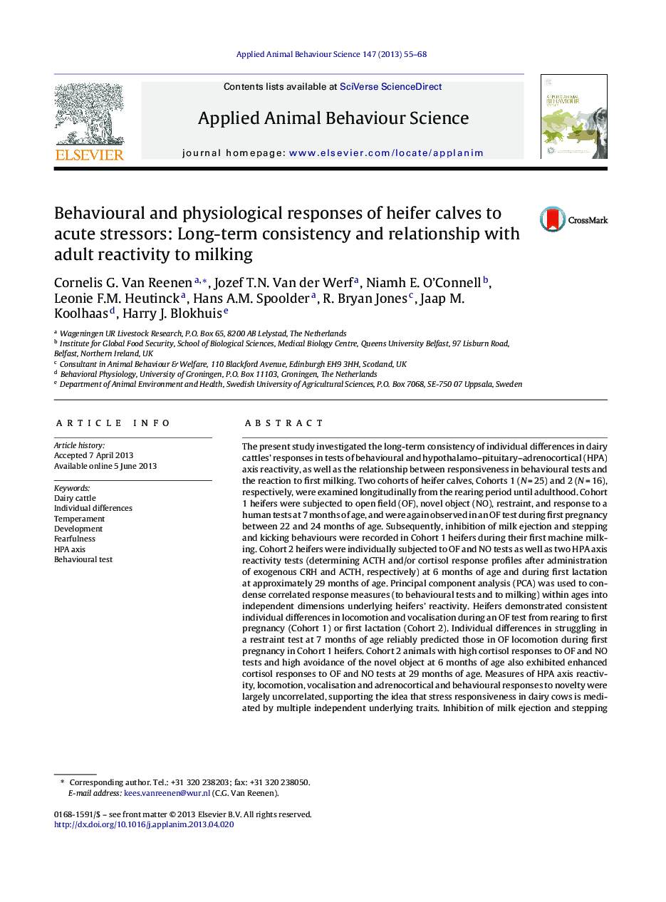 Behavioural and physiological responses of heifer calves to acute stressors: Long-term consistency and relationship with adult reactivity to milking