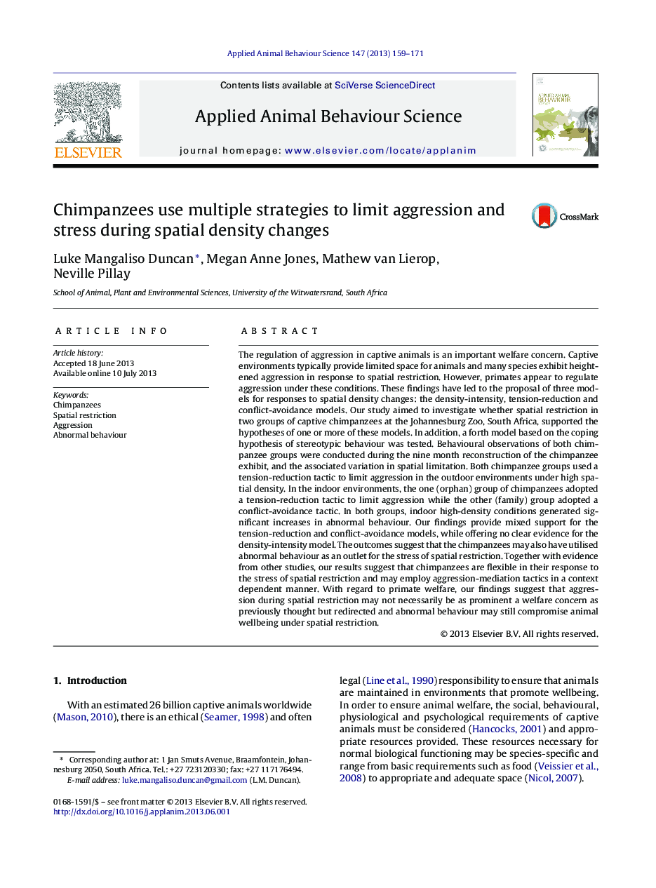 Chimpanzees use multiple strategies to limit aggression and stress during spatial density changes