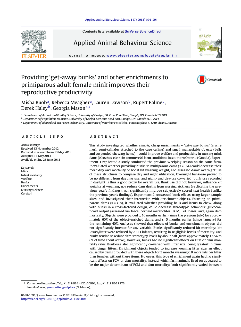 Providing ‘get-away bunks’ and other enrichments to primiparous adult female mink improves their reproductive productivity