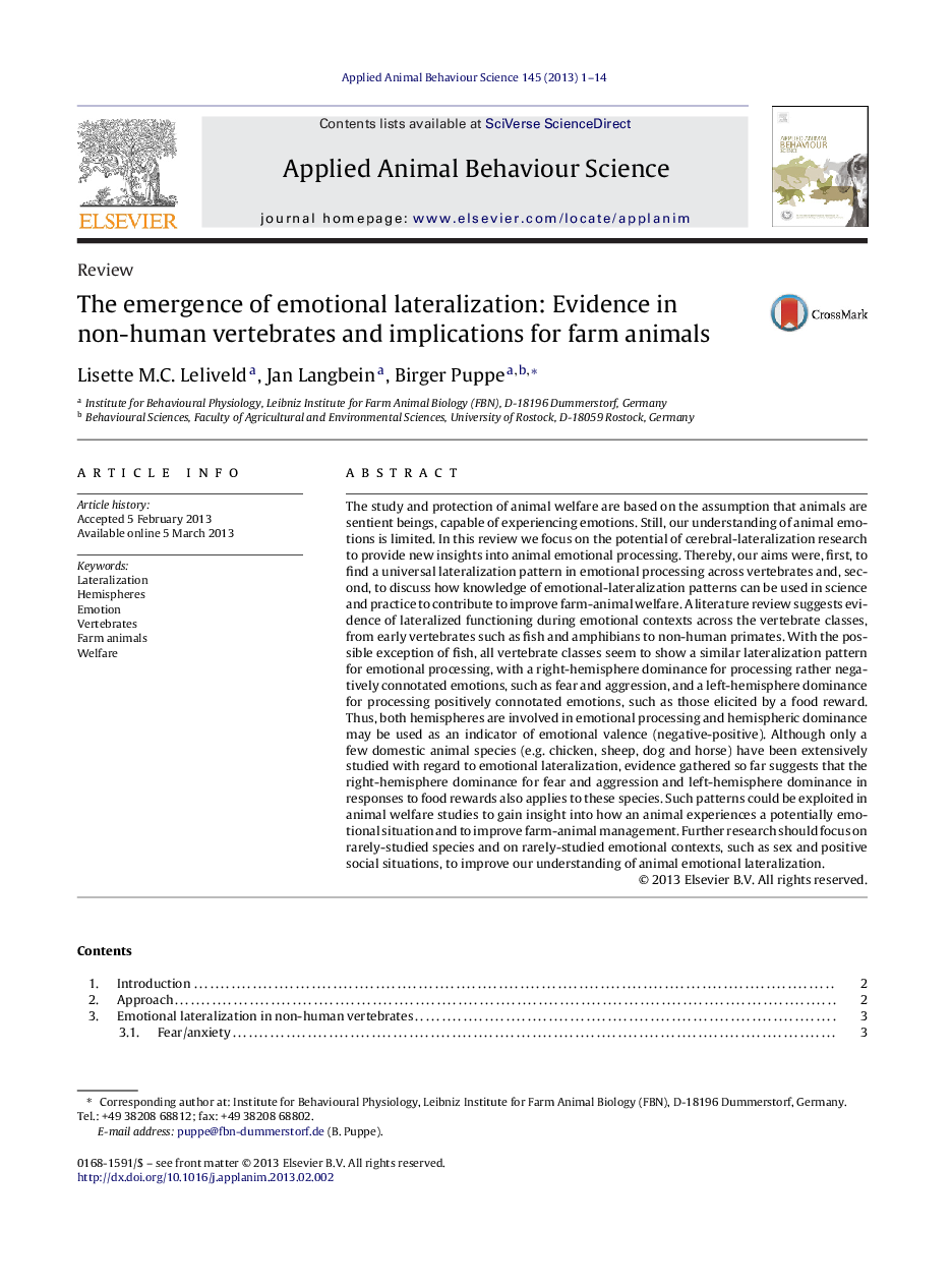 The emergence of emotional lateralization: Evidence in non-human vertebrates and implications for farm animals