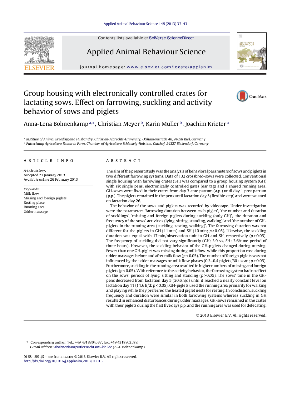 Group housing with electronically controlled crates for lactating sows. Effect on farrowing, suckling and activity behavior of sows and piglets