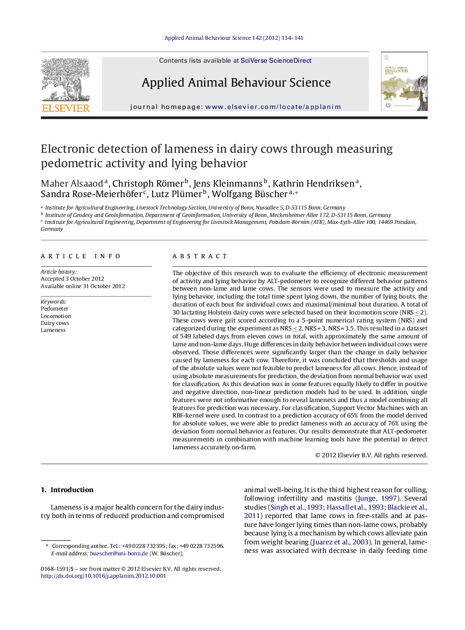 Electronic detection of lameness in dairy cows through measuring pedometric activity and lying behavior