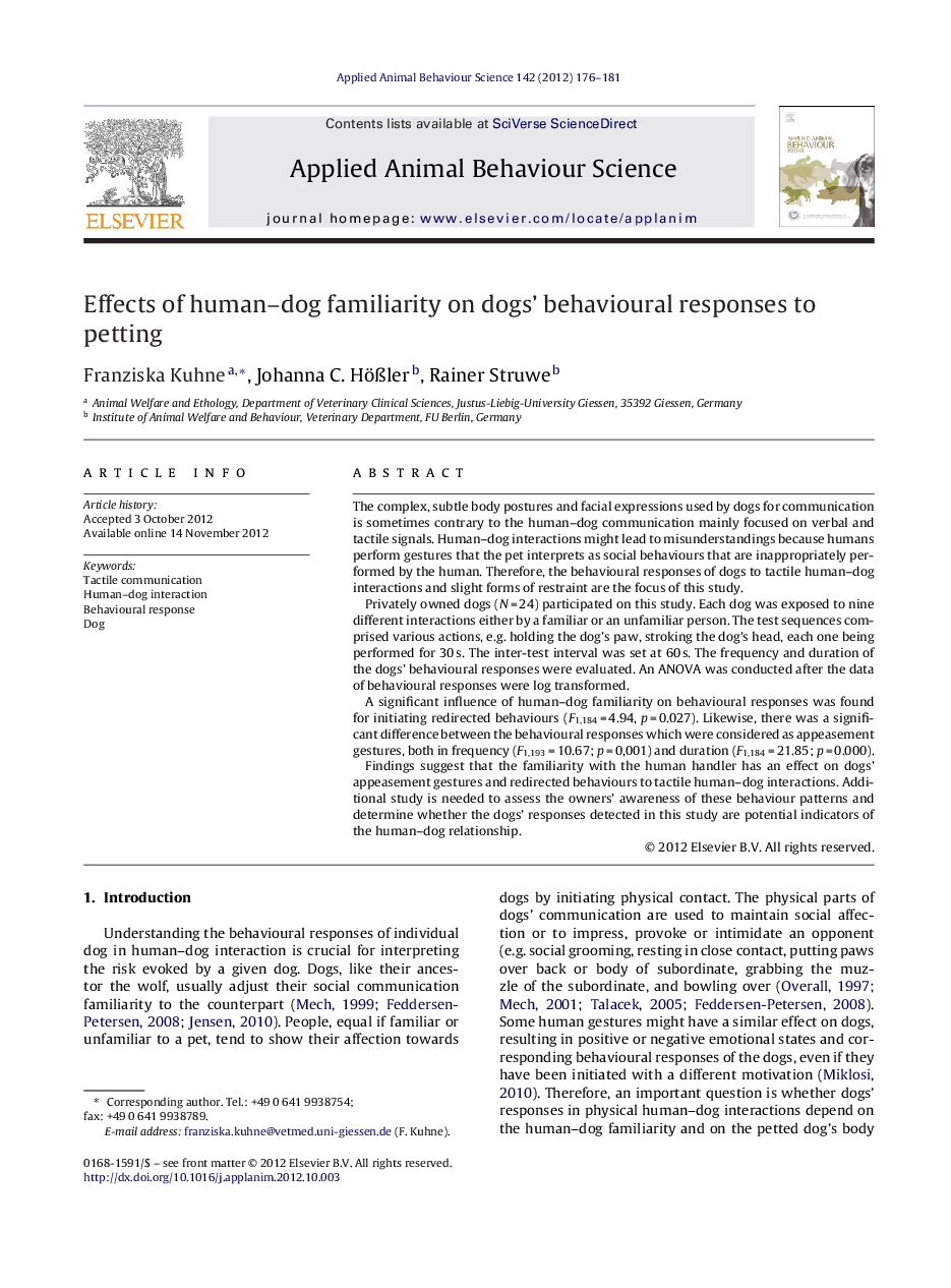 Effects of human–dog familiarity on dogs’ behavioural responses to petting