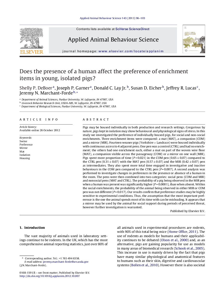 Does the presence of a human affect the preference of enrichment items in young, isolated pigs?