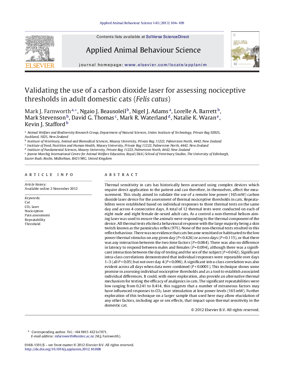 Validating the use of a carbon dioxide laser for assessing nociceptive thresholds in adult domestic cats (Felis catus)