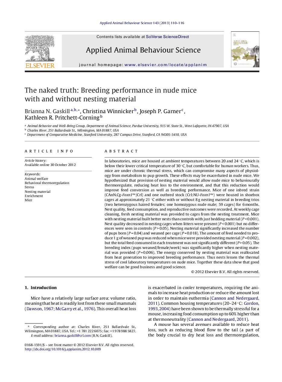 The naked truth: Breeding performance in nude mice with and without nesting material